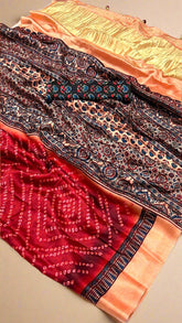 Red and Beige Bandhini Gajji Silk Saree